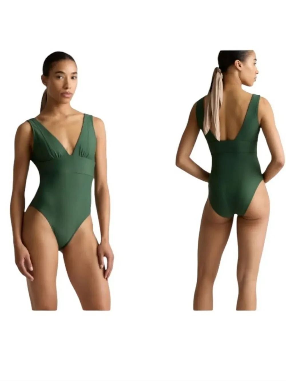 NWT Quince Italian Plunge One-Piece Swimsuit Palm Dark Green Size S